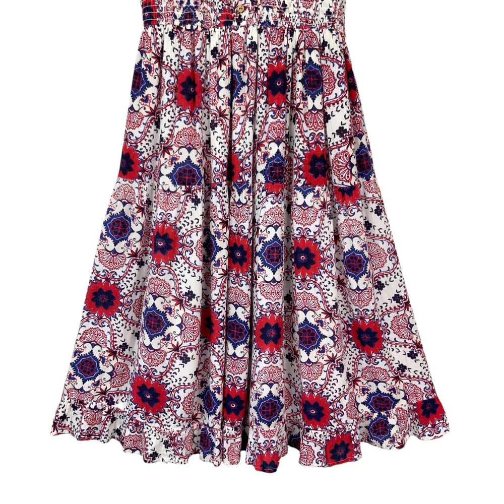 Japna Red Blue Medallion Midi Dress M Pull-on V-Neck Sleeveless Smocked Bodice - Picture 4 of 7